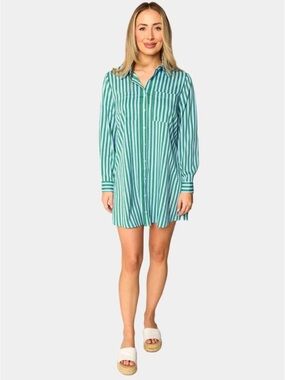 Buddy love Green & blue Striped Button-Up Shirt Dress